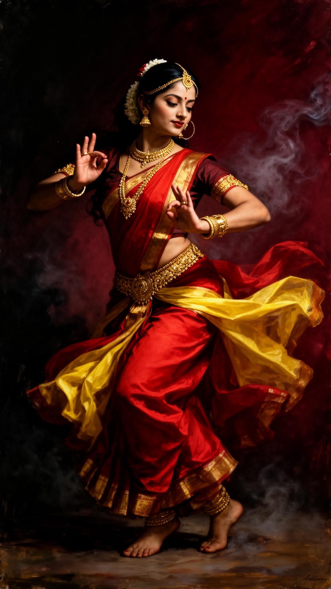 A dancer mid-gesture in red and gold silks